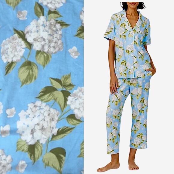 NWOT Bedhead White Hydrangeas On Sunny Blue Cotton Cropped Short Sleeve PJ Set S